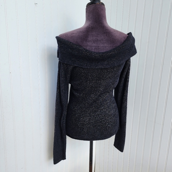 CACHE Womens NAVY GOLD OFF THE SHOULDER SOFT TUNIC TOP SWEATER Nylon Stretch M - Picture 6 of 12